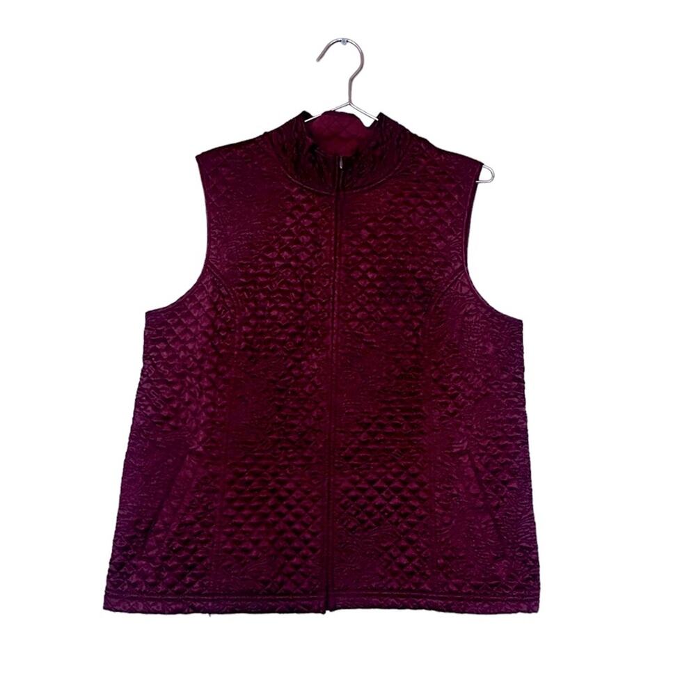 Susan Graver Quilted Full Zip Vest Size Large Burgundy Satin